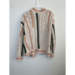 Sage The Label Cardigan Womens Medium Green Peach Striped Chunky Knit Excellent